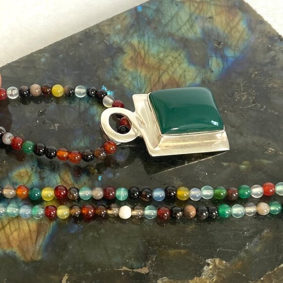 Sterling Silver 925 Multicolor Beaded Green Chrysoprase Pendant Necklace 18" - Picture 3 of 16